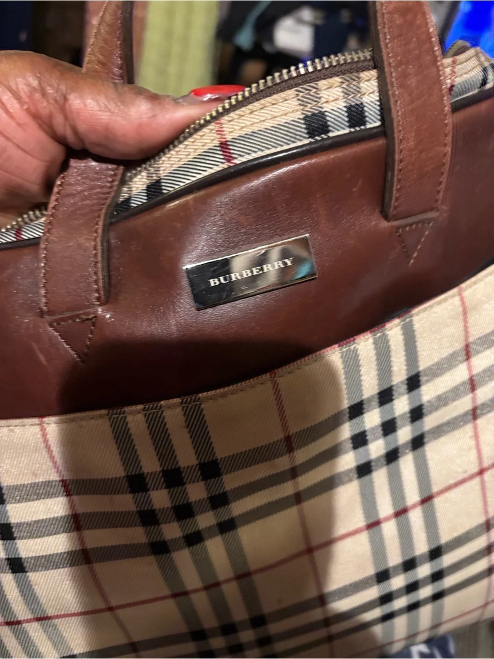 Burberry Beige Check Briefcase with Brown Leather Trim - Men/Women #0127